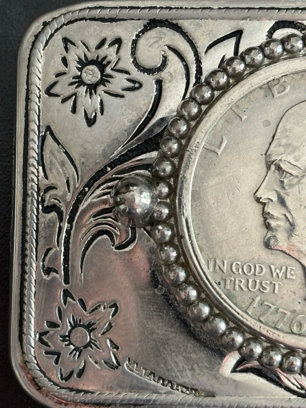 Vintage Silver-Tone Western Belt Buckle with Eisenhower Coin Accent